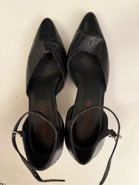 AEROSOLES Black Leather Pointed D'Orsay Ankle-Strap Kitten Heels- Women’s